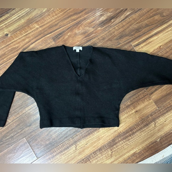 Cos S/M wool blend soft small v neck sweater chunky sleeves luxury black office - Picture 1 of 7
